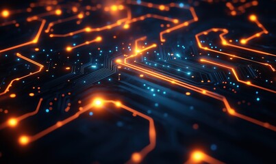 Poster - Abstract circuit board design with glowing orange and blue lines and nodes