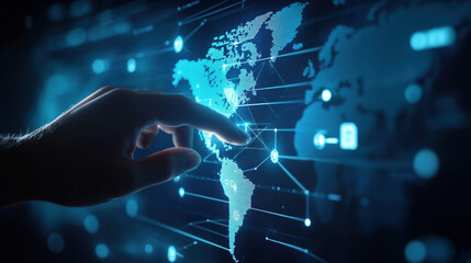 Wall Mural - close-up of a hand touching a digital map on a touch screen, a futuristic interface with a global ne