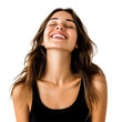 © Felippe Lopes - A beautiful, young woman with a radiant smile, her eyes closed in pure joy, radiating happiness and serenity against a white background.