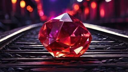 A large, faceted red gemstone resting on railroad tracks
