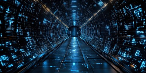 Poster - Futuristic digital tunnel with glowing blue lights and data streams