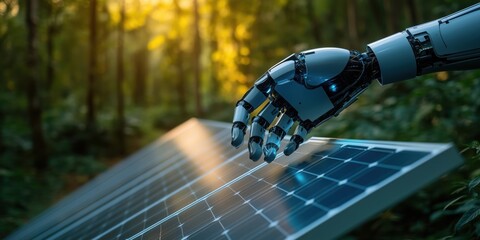 Poster - Robot hand interacting with solar panel in lush forest environment