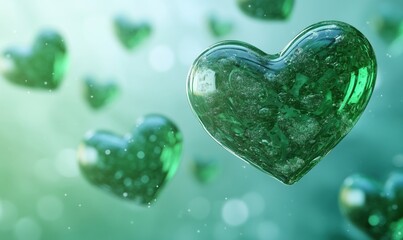 Poster - Floating green hearts with bubbles in dreamy background for romantic themes