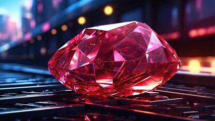 A large, faceted red gemstone resting on railroad tracks