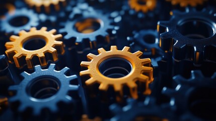 Poster - Close-up of interlocking gears in blue and orange tones showcasing mechanical engineering