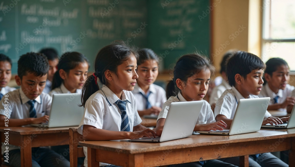 Indian School Kids Using Laptops in a Classroom Against a Green ...
