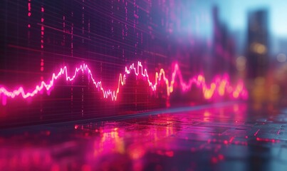 Poster - Digital stock market graph with vibrant pink and purple lines reflecting on wet surface