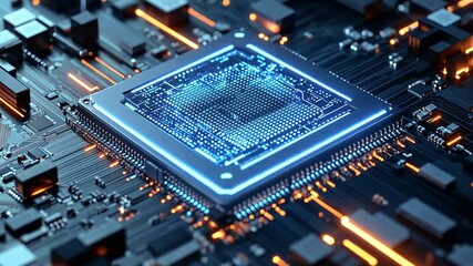 Poster - The Heart of Technology: A close-up shot of a central processing unit, highlighting intricate circuitry and glowing lights, symbolizing the core of modern technology and innovation.