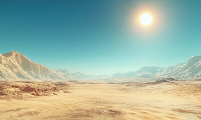 vast desert landscape under bright sun with distant mountains and clear blue sky