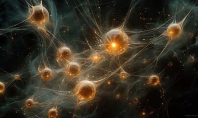 Poster - Abstract representation of glowing neurons interconnected in a cosmic space environment