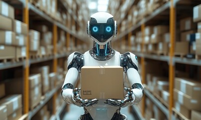 Poster - Robot in warehouse holding package among shelves of boxes
