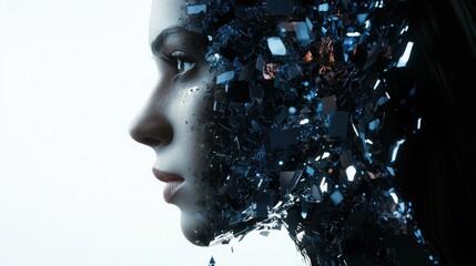 Poster - A woman's face shattered by broken glass reflecting the complexities of ai-driven content personalization and emotion