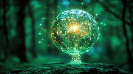 Aufkleber - Enchanting glowing light bulb illuminating a serene forest setting symbolizing creativity and innovative ideas