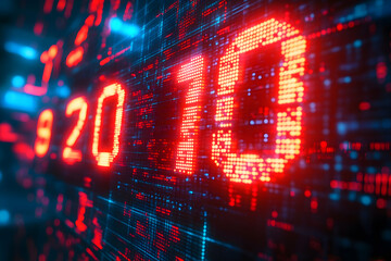 Poster - A digital clock displays glowing red and blue numbers. The background features abstract patterns, creating a dynamic, futuristic atmosphere. Light reflects vibrant colors throughout.