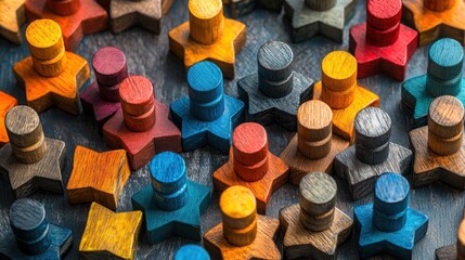 Poster - Colorful wooden pegs arranged on a surface symbolizing connection and interaction in digital professional communities