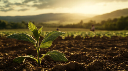 Poster - Close-up of a young plant with dew-covered leaves in a field at sunset, showcasing growth, new beginnings, and the environment