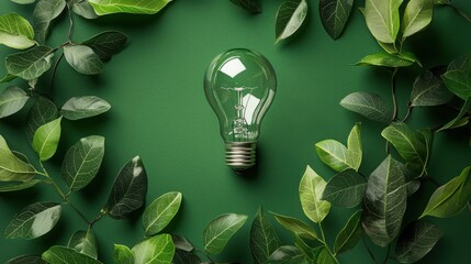 Poster - Bright light bulb surrounded by fresh leaves symbolizing green innovation entrepreneur and sustainable business practices