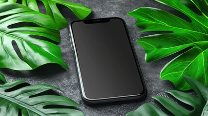 Poster - Black smartphone with dark screen surrounded by green leaves showcasing online professional engagement and nature