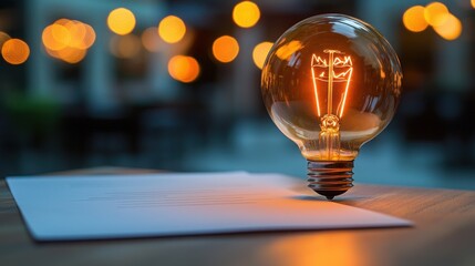 Poster - Light bulb on a table symbolizing patent licensing income and bright ideas for creative business solutions