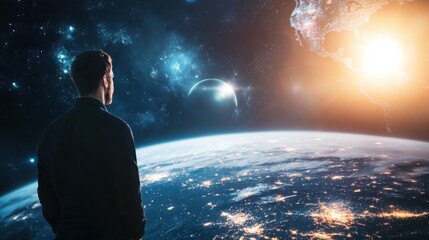 Poster - Man looking at a planet symbolizing a tech founder with a vision for global impact and future innovations