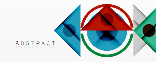 Wall Mural - Geometric abstract design with layered triangles, circles, and gradients, forming a structured pattern with sharp contrasts and depth