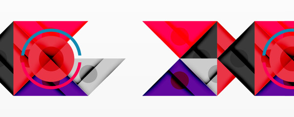 Poster - Abstract geometric composition with intersecting triangles, circles, and gradients, creating a dynamic layered pattern with depth and contrast