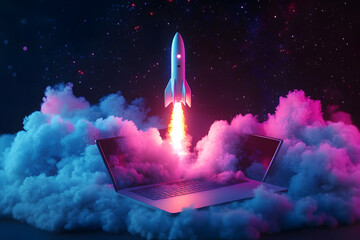 Wall Mural - into a digital expanse of neon clouds and stars, a futuristic rocket is launched from the screen of 