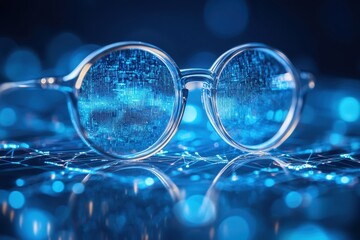 Leinwandbilder - Futuristic glasses with a digital overlay glowing against a blue background at night