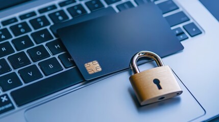 Poster - A close-up view of a laptop keyboard featuring a credit card and a padlock, symbolizing online security and safe transactions , Identity Theft Prevention.