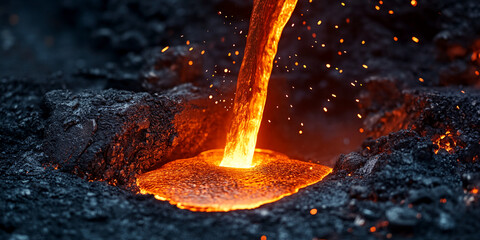 Poster - Molten metal pouring into dark, rough surface, creating glowing orange pool, sparks flyingâ€”symbolizing power, industry, transformation