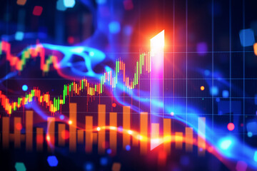 Poster - Financial chart displays upward trend with a prominent arrow, symbolizing growth.  Bright, blurred lights create a dynamic, futuristic backdrop for financial data.
