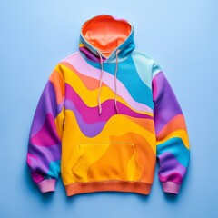 Poster - Colorful Abstract Wave Pattern Hoodie on Light Blue Background, Modern Fashion Apparel