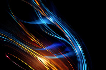 Aufkleber - Abstract image featuring dynamic and flowing light trails. Vibrant blue and warm orange streaks intertwine on a dark backdrop, creating a sense of energy and movement.