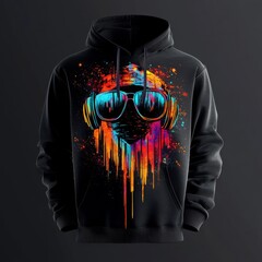 Poster - Vibrant Streetwear: Black Hoodie with Abstract Splatter Design Featuring Headphones and Sunglasses Graphic Artwork