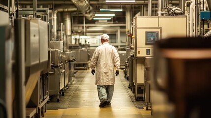 Poster - A person wearing protective gear walks down a factory corridor
