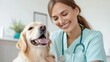 © Ireen - Female veterinarian in pastel suit with dog