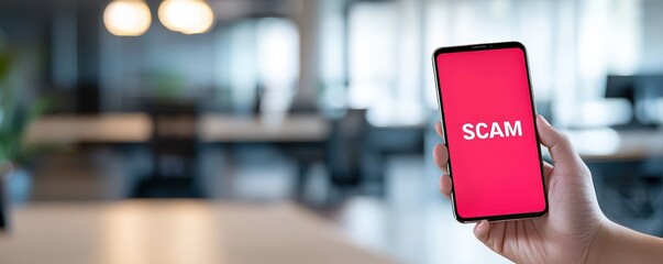 Poster - A hand holds a smartphone displaying a bright red screen with the word 