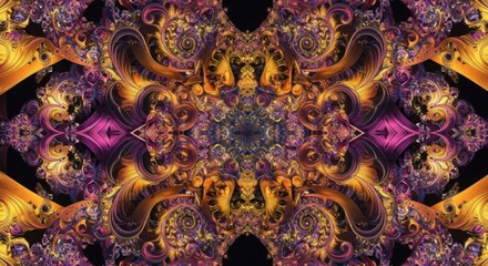 Poster - An abstract, symmetrical fractal design with swirling, ornate patterns in shades of gold, purple, and black, creating a kaleidoscopic effect