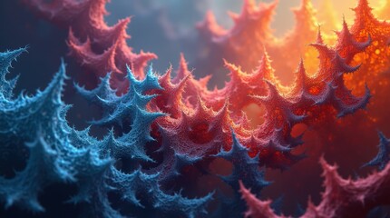 Poster - Fractal-like formations with spiky, coral-esque structures in a gradient of blue to orange, creating a surreal and otherworldly scene