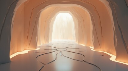 Poster - A softly lit, tunnel-like passage with cracked, pale flooring leads towards a bright opening at the far end