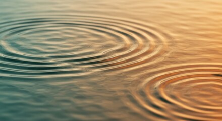 Poster - A close-up, abstract shot of two sets of concentric ripples on a water surface, illuminated with warm, golden light
