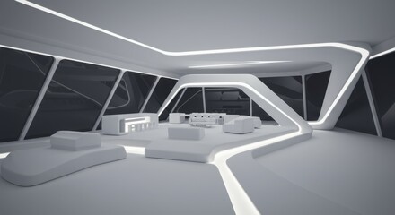 Poster - A minimalist, futuristic interior space features white, organically shaped furniture and illuminated architectural elements against dark windows