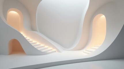 Poster - A futuristic, all-white interior space features two curved staircases leading to arched doorways, illuminated with soft lighting