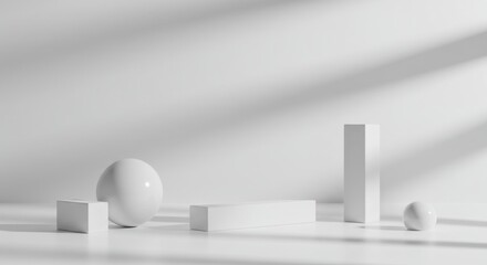 Poster - A minimalist composition features white geometric shapes, including a sphere, cubes, and rectangular prisms, arranged on a white surface with soft, diffused shadows