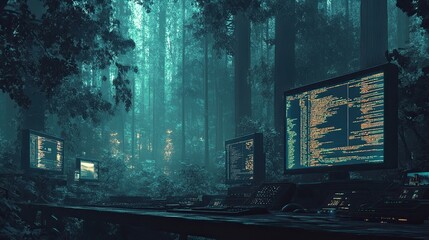 A scene of software development, digital technology, programming, coding, and data management