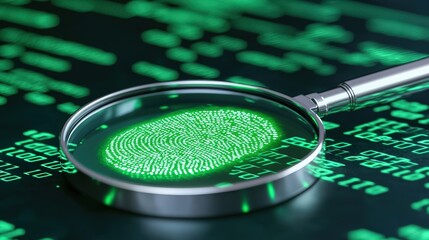 Poster - A magnifying glass highlights a green fingerprint against a digital background, symbolizing technology and security in data verification and identification , Identity Theft Prevention.