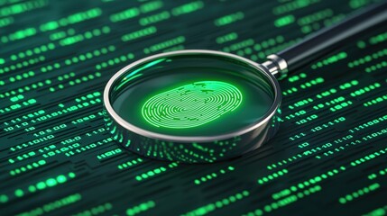 Poster - A magnifying glass highlights a green fingerprint against a background of digital binary code, symbolizing technology and identity verification , Identity Theft Prevention.