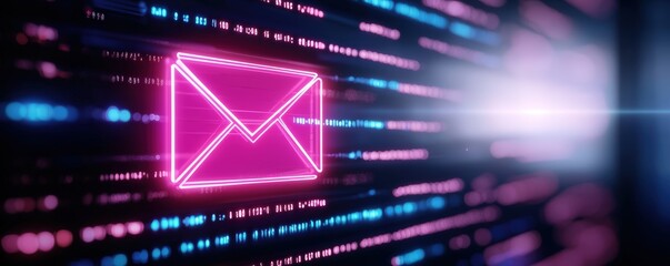 Aufkleber - A glowing pink envelope icon against a backdrop of digital data streams, symbolizing communication and technology , Identity Theft Prevention.