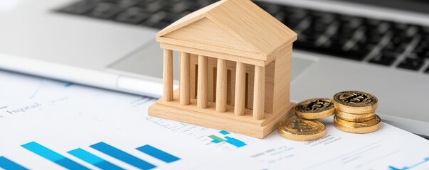 Poster - A wooden bank model rests on financial charts alongside coins, symbolizing finance, investment, and banking analysis in a modern workspace , Identity Theft Prevention.