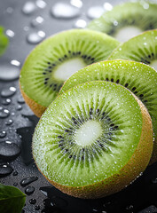Poster - Fresh kiwi slices glisten with droplets of water, showcasing their vibrant green color and unique texture. This captures essence of freshness and health, perfect for culinary or lifestyle themes